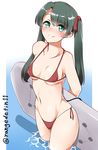  aoi_renji arms_behind_back bikini black_hair bodyboard breasts closed_mouth cowboy_shot green_eyes hair_ribbon highres kantai_collection long_hair looking_at_viewer mikuma_(kantai_collection) red_bikini red_ribbon ribbon side-tie_bikini small_breasts smile solo swimsuit twintails twitter_username 
