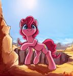  2017 blue_eyes earth_pony equine female friendship_is_magic hair horse landscape looking_at_viewer mammal miokomata mountain my_little_pony outside pink_hair pinkie_pie_(mlp) pony sky smile solo 