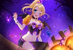  ;d ayase_eli bat_wings black_legwear blonde_hair blue_eyes blush breasts candy cleavage cross-laced_clothes detached_collar eyebrows_visible_through_hair food halloween highres jack-o'-lantern large_breasts looking_at_viewer love_live! love_live!_school_idol_project midriff navel night night_sky one_eye_closed open_mouth ponytail purple_ribbon purple_scrunchie ribbon satoimo_chika scrunchie short_sleeves sitting sky smile solo thighhighs wings wrist_cuffs 