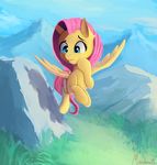  2017 equine feathered_wings feathers female fluttershy_(mlp) flying friendship_is_magic grass hair landscape mammal miokomata mountain my_little_pony outside pegasus pink_hair solo spread_wings wings 