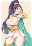  bare_shoulders blush breasts brown_background cape cleavage cosplay dragon_quest dragon_quest_xi earrings high_ponytail jewelry large_breasts long_hair nagase_haruhito panties ponytail purple_eyes purple_hair simple_background solo thighs underwear white_panties 