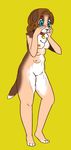  6_breasts anthro beagle blue_eyes blush breasts brown_hair canine collar dog embarrassed featureless_crotch female hair hands_on_face mammal multi_breast nipples nnbtf nude simple_background solo standing transformation 