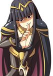  black_hair boo_cipher breasts cape cleavage_cutout elbow_gloves evil_smile fire_emblem fire_emblem:_kakusei gloves grin large_breasts looking looking_at_viewer simple_background smile solo tharja thighhighs white_background 