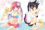  animal_ears bell bikini black_hair blonde_hair blue_eyes blush bow breasts brown_hair cat_ears cat_tail chiri_(atlanta) chiriko_(atlanta) fox_ears fox_tail hair_bell hair_ornament jingle_bell large_breasts long_hair looking_at_viewer medium_breasts meina_(atlanta) minigirl mismatched_bikini multiple_girls one_eye_closed original shirt_lift sitting smile swimsuit tail tail_bow ten'inkou_korin wariza wet wet_clothes 