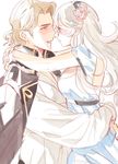  1girl blonde_hair blouse blush breasts cleavage female_my_unit_(fire_emblem_if) fire_emblem fire_emblem_if flower gloves grey_hair hair_flower hair_ornament hairband hug jacket_on_shoulders large_breasts long_hair long_sleeves looking_at_another marks_(fire_emblem_if) my_unit_(fire_emblem_if) open_mouth parted_lips red_eyes rose short_hair short_sleeves simple_background smile white_background white_blouse 