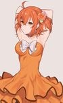  ahoge armpits arms_behind_back arms_up blush breasts choker collarbone dress fate/grand_order fate_(series) fujimaru_ritsuka_(female) hair_ornament hair_scrunchie highres large_breasts looking_at_viewer open_mouth orange_dress orange_eyes orange_hair parted_lips scrunchie short_hair side_ponytail simple_background solo white_background yayata_(884) 