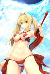  ahoge ass_visible_through_thighs bikini blue_sky bracelet breasts closed_mouth cloud cloudy_sky cowboy_shot criss-cross_halter day earrings fate/grand_order fate_(series) green_eyes groin hair_between_eyes hair_intakes halterneck haruato highres jewelry long_hair medium_breasts navel nero_claudius_(fate)_(all) nero_claudius_(swimsuit_caster)_(fate) side-tie_bikini sidelocks sky smile solo striped striped_bikini swimsuit twintails underboob 