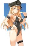  anchor armpits bismarck_(kantai_collection) black_hat black_swimsuit blonde_hair blue_eyes blush breasts cleavage eyebrows_visible_through_hair food hair_between_eyes halterneck hand_on_hip hat highleg highleg_swimsuit holding holding_food kantai_collection large_breasts long_hair looking_at_viewer oota_yuuichi peaked_cap popsicle solo standing sweat swimsuit thigh_strap tongue tongue_out wrist_cuffs 