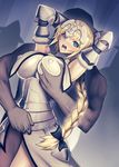  1girl armor armored_dress arms_up blonde_hair blue_eyes blush braid breast_grab breasts covered_nipples dutch_angle fate/apocrypha fate/grand_order fate_(series) gauntlets grabbing grabbing_from_behind hair_ribbon headpiece jeanne_d'arc_(fate) jeanne_d'arc_(fate)_(all) jonylaser large_breasts long_hair open_mouth ribbon single_braid 