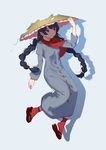  ajirogasa arm_up bangs black_hair blending blunt_bangs braid buttons closed_mouth coat earlobes full_body hat long_hair long_sleeves red_eyes red_legwear sandals simple_background snow socks sola7764 solo touhou twin_braids yatadera_narumi 