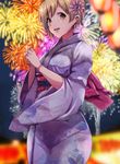  aiba_yumi asymmetrical_hair blonde_hair blue_kimono bracelet brown_eyes commentary_request fireworks flower hair_flower hair_ornament highres hips idolmaster idolmaster_cinderella_girls japanese_clothes jewelry kimono looking_at_viewer looking_to_the_side night obi open_mouth outdoors ryuu. sash short_hair smile solo wide_sleeves 