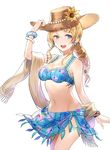  :d alternate_hairstyle armlet ayase_eli bangle bare_shoulders bikini blonde_hair blue_bikini blue_eyes blush bracelet braid breasts brown_hat cleavage collarbone commentary_request cowboy_shot earrings flower groin hair_flower hair_ornament hairclip hat hat_flower heart heart_earrings jewelry kim_eb long_hair looking_at_viewer love_live! love_live!_school_idol_project medium_breasts navel open_mouth sarong shawl sidelocks simple_background single_braid smile solo stomach sunflower swimsuit white_background 