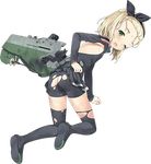  ass backless_outfit bike_shorts black_hairband black_legwear black_skirt blonde_hair full_body green_eyes hairband jiji kantai_collection looking_back lowres luigi_torelli_(kantai_collection) medium_hair microskirt official_art one_eye_closed pleated_skirt shorts skin_tight skirt sleeveless solo thighhighs torn_clothes torn_legwear torn_shorts torn_skirt transparent_background uit-25_(kantai_collection) 
