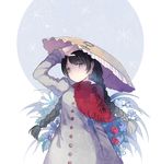  ajirogasa black_hair braid buttons closed_mouth clothes_writing cuivre dress earlobes flower hat highres md5_mismatch snowflakes solo touhou twin_braids twintails yatadera_narumi 