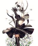  arms_up back_cutout black_dress black_footwear black_hairband blindfold boots breasts chain closed_mouth commentary covered_eyes cowboy_shot dress feather-trimmed_sleeves flower from_behind hairband highres juliet_sleeves long_sleeves looking_up medium_breasts nier_(series) nier_automata puffy_sleeves silver_hair solo sunakumo thigh_boots thighhighs thighhighs_under_boots vambraces yorha_no._2_type_b 