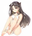  bangs bare_legs barefoot black_bow black_hair blush bow closed_mouth collarbone commentary_request earrings eyebrows_visible_through_hair fate/grand_order fate_(series) feet hair_bow highres hoop_earrings ishtar_(fate/grand_order) jewelry knees_up legs legs_together long_hair long_legs looking_at_viewer one-piece_swimsuit parted_bangs red_eyes silver_(chenwen) simple_background sitting smile soles solo swimsuit thighs toes two_side_up white_background white_swimsuit 