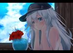 alternate_costume black_border black_hat blue_eyes border cloud cloudy_sky commentary_request day drink drinking_straw flat_cap flower gengetsu_chihiro hair_between_eyes hat hibiki_(kantai_collection) kantai_collection letterboxed long_hair red_flower silver_hair sky smile solo 