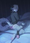  anthro bed butt clothing dark_background feline fumiko fur girly hair hat hoodie looking_back lynx male mammal panties paws solo underwear 