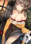  admiral_(kantai_collection) artist_name asdj black_hakama breasts brown_hair collarbone drill_hair green_eyes hakama hatakaze_(kantai_collection) highres japanese_clothes kantai_collection kimono medium_breasts meiji_schoolgirl_uniform short_hair solo_focus wavy_hair yellow_kimono 