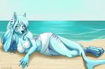  5_fingers anthro barefoot beach blue_eyes blue_fur blue_hair breasts canine clothed clothing digitigrade female fish fur hair hybrid looking_at_viewer lying mammal marine seaside shark shore silvermoonfox solo 