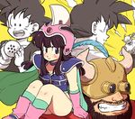  3boys :d armor beard bikini_armor black_eyes black_hair boots cape chi-chi_(dragon_ball) dougi dragon_ball dragon_ball_(classic) dragon_ball_(object) facial_hair facing_away father_and_daughter feathers gloves gyuu_mao helmet horns long_hair looking_at_another looking_at_viewer looking_away multiple_boys open_mouth piccolo profile short_hair smile son_gokuu spiked_hair tkgsize wristband yellow_background 