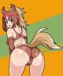  animal_ears ass back bare_shoulders bent_over blush bridle brown_eyes brown_hair brown_sports_bra buruma cameltoe chestnut_thoroughbred_(kemono_friends) circle_echime elbow_gloves from_behind gloves highres horse_ears horse_girl horse_tail japan_racing_association kemono_friends long_hair looking_at_viewer looking_back midriff open_mouth smile sports_bra sportswear tail track_uniform 