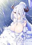  bare_shoulders breasts cleavage draph dress elbow_gloves flower fur_trim gloves granblue_fantasy hair_between_breasts hair_between_eyes hair_flower hair_ornament hat highres horns huge_breasts izmir lein long_hair mole mole_under_mouth pointy_ears shards solo underboob_cutout white_dress white_flower white_gloves white_hair 