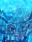  bag blue blue_hair capelet city cityscape commentary_request fantasy highres looking_at_another multiple_girls original sakimori_(hououbds) scenery short_hair shoulder_bag smile standing wide_sleeves 