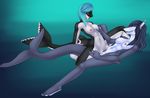 2011 acorn_(artist) anthro blue_hair breasts cetacean duo eyes_closed female female/female fish hair mammal marine multicolored_skin nipples non-mammal_breasts nut open_mouth orca pussy pussy_juice red_eyes sex shark simple_background tribadism two_tone_skin underwater water whale 