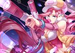  arcade_miss_fortune blue_eyes breasts bubble_blowing chewing_gum cleavage dual_wielding gun hat highres holding holding_gun holding_weapon kan_(rainconan) large_breasts league_of_legends long_hair looking_at_viewer navel parted_lips pink_hair sarah_fortune solo weapon 