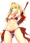  ahoge ass_visible_through_thighs bikini bracelet breasts closed_mouth cowboy_shot criss-cross_halter earrings fate/grand_order fate_(series) green_eyes groin hair_between_eyes hair_intakes halterneck haruato highres jewelry long_hair medium_breasts navel nero_claudius_(fate)_(all) nero_claudius_(swimsuit_caster)_(fate) side-tie_bikini sidelocks simple_background smile solo striped striped_bikini swimsuit twintails underboob white_background 