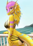  5_fingers anthro blonde_hair breasts clothed clothing day detailed_background dragon female fur furred_dragon green_eyes hair outside pink_hair silvermoonfox solo 