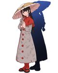  afterimage ajirogasa bad_source black_hair braid buttons cape coat commentary earlobes full_body grey_coat hands_together hat mefomefo red_cape red_eyes red_legwear sandals simple_background smile snow solo standing touhou twin_braids yatadera_narumi 