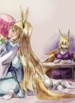  animal_ears aura blonde_hair cosplay costume_switch dark_aura fake_animal_ears fox_ears fox_tail jealous long_hair multiple_girls multiple_tails pink_hair saigyouji_yuyuko shaded_face tabi table tail touhou yakumo_ran yakumo_ran_(cosplay) yakumo_yukari yakumo_yukari_(cosplay) yellow_eyes yohane yuri 