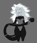 anthro black_body breasts cleavage clothed clothing collar electricity female glowing glowing_eyes glowing_hair greyscale hair leotard micki monochrome nintendo pok&eacute;mon pok&eacute;morph simple_background solo ultra_beast video_games white_eyes white_hair wire xurkitree 