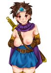  1girl areolae belt between_breasts blue_dress blush breasts breasts_outside brown_gloves brown_hair cape cowboy_shot dragon_quest dragon_quest_iii dress gloves heroine_(dq3) highres legs looking_at_viewer nipples open_clothes parted_lips red_eyes roto sakuradou short_hair simple_background small_breasts smile solo standing strapless sword thighs white_background zettai_ryouiki 