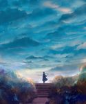  1girl ahoge blue_sky braid bush cloud cloudy_sky commentary_request day long_hair original sakimori_(hououbds) scenery sky solo stairs standing very_wide_shot 