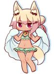  :&lt; animal_ears barefoot bell bell_collar blonde_hair chibi collar dark_skin eyebrows_visible_through_hair flat_chest fox_ears fox_tail full_body hair_bun hair_ornament hairclip kemomimi-chan_(naga_u) looking_at_viewer naga_u navel original red_eyes short_hair solo tail towel 