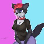  agonymuffin amber anthro big_breasts blue_eyes breasts canine cleavage clothed clothing coyote digital_media_(artwork) eyelashes fangs female heterochromia huge_breasts hybrid large_hips mammal open_mouth purple_eyes reptile scalie snake tongue wolf 