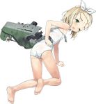  ass bare_arms bare_shoulders barefoot blonde_hair feet from_behind full_body green_eyes hairband i-504_(kantai_collection) jiji kantai_collection looking_back lowres luigi_torelli_(kantai_collection) medium_hair official_art one-piece_swimsuit one_eye_closed open_mouth soles solo swimsuit toes torn_clothes torn_swimsuit transparent_background white_hairband white_swimsuit 