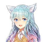  :d animal_ears blue_eyes blue_hair blush commentary_request dress_shirt hair_between_eyes kim_eb long_hair looking_at_viewer open_mouth original portrait shirt smile solo sweater_vest white_shirt 