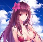  antenna_hair bangs bare_arms bare_shoulders bikini blue_sky breasts cleavage closed_mouth cloud cloudy_sky day eyebrows_visible_through_hair fate/grand_order fate_(series) flower gekka_nanako hair_between_eyes hair_flower hair_ornament hair_twirling halter_top halterneck hand_up hibiscus highres large_breasts long_hair looking_at_viewer md5_mismatch outdoors pink_flower purple_bikini purple_hair red_eyes scathach_(fate)_(all) scathach_(swimsuit_assassin)_(fate) sky smile solo sparkle strap_gap sweat swimsuit underboob upper_body 