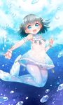  :d air_bubble bare_shoulders black_hair blue_eyes bubble detached_sleeves dress eyebrows_visible_through_hair highres kito_(sorahate) looking_at_viewer mermaid monster_girl open_mouth original outstretched_arm see-through short_dress short_hair sleeveless sleeveless_dress smile solo submerged twintails two_side_up underwater water white_dress 