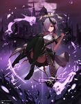  absurdres artist_name black_legwear convenient_leg demon demon_girl demon_horns demon_tail full_body full_moon ghost hair_over_one_eye halo highres horns lantern long_hair moon original purple_hair purple_sky red_eyes see_n sword tail weapon 