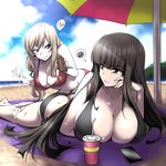  &gt;:( applying_sunscreen ass bags_under_eyes bangs beach beach_umbrella bikini black_bikini black_hair blue_sky blunt_bangs blush breasts brown_eyes cellphone cleavage closed_mouth cloud cloudy_sky collarbone commentary_request day foreshortening frown girls_und_panzer green_eyes grey_hair heart large_breasts long_hair looking_at_another lotion lying mature multiple_girls nakahira_guy nishizumi_shiho on_stomach outdoors pale_skin phone red_bikini shimada_chiyo sky smartphone smile spoken_heart spoken_squiggle squiggle sunscreen sweat swimsuit umbrella v-shaped_eyebrows 