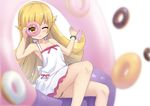  bandaid bandaid_on_pussy bangle blonde_hair blurry blush bracelet brown_eyes collarbone depth_of_field doughnut dress eyebrows_visible_through_hair flipped_hair food halterneck heijialan holding holding_food jewelry long_hair looking_at_viewer monogatari_(series) one_eye_closed oshino_shinobu parted_lips pointy_ears sitting sleeveless sleeveless_dress solo very_long_hair white_background white_dress 