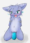  2016 anthro black_nose blue_eyes blue_fur blue_hair blush bound cat dildo ear_piercing feline female flat_chested fur hair hands_behind_back kneeling mammal navel open_mouth penetration piercing pussy pussy_juice ryoku sex_toy simple_background solo tongue tongue_out vaatari vaginal vaginal_penetration white_background 