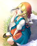  apron bare_shoulders blonde_hair blue_dress blue_eyes blush boots dragon_quest dragon_quest_xi dress emma_(dq11) from_above head_scarf kentaurosu long_hair looking_at_viewer puffy_short_sleeves puffy_sleeves rock short_sleeves sitting smile waist_apron wind 