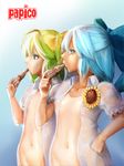  ahoge blue_background blue_eyes blue_hair bottomless breasts cirno collarbone covered_nipples cowboy_shot daiyousei eyelashes flat_chest flower gradient gradient_background green_eyes green_hair hair_ribbon half_updo hand_on_hip jubakurei multiple_girls naked_shirt navel one-piece_tan open_clothes open_shirt out-of-frame_censoring papico_(ice_cream) product_placement profile ribbon shirt short_sleeves small_breasts sunflower tan tanline tanned_cirno touhou wet wet_clothes wet_shirt 