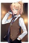  bangs blonde_hair braid collared_shirt dress_shirt eyebrows_visible_through_hair fang fate/apocrypha fate_(series) gloves green_eyes holding holding_jacket jacket long_hair looking_at_viewer mordred_(fate) mordred_(fate)_(all) open_mouth parted_bangs ponytail shirt sidelocks solo upper_body vest white_gloves white_shirt yorukun 